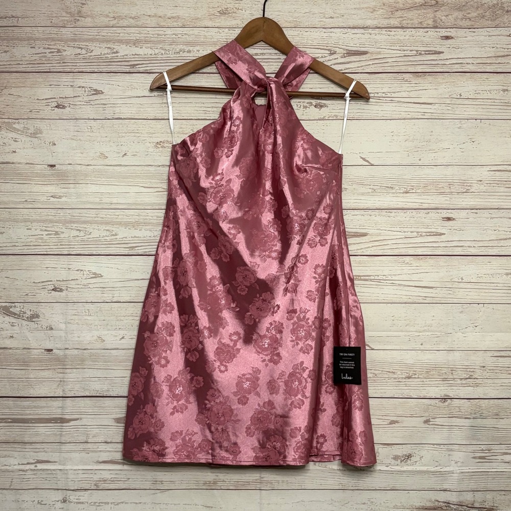 LulusGot the Key Mauve Satin Floral Jacquard Halter Mini Dress M NWT